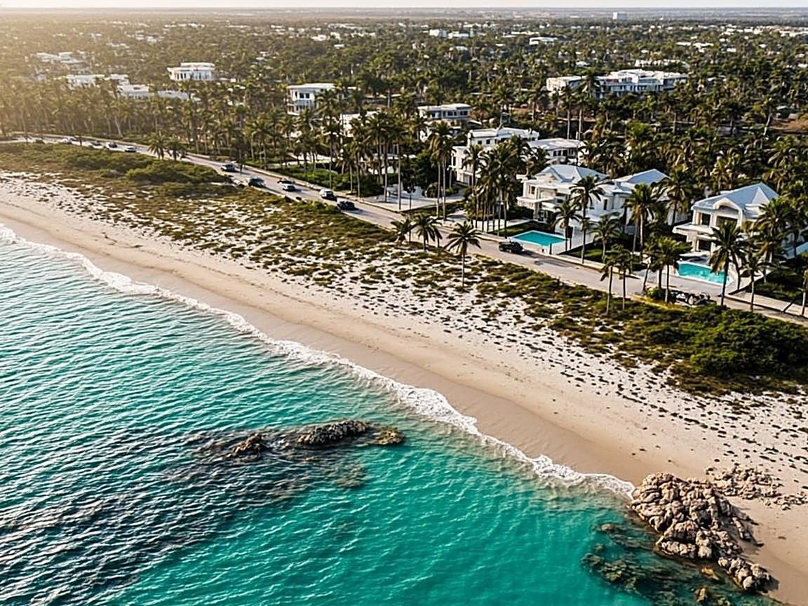 Aerial of the Siesta Key shore at Point of Rocks — turquoise water, quartz sand, and palms